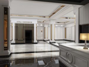 لابی مجلل برج آترا در بلوار کوهک با طراحی هتلینگ